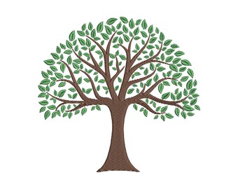May include: An embroidery design of a tree featuring a thick brown trunk and spreading branches. The tree is filled with numerous small, detailed green leaves. The entire image displays a textured stitch pattern throughout the brown and green areas.