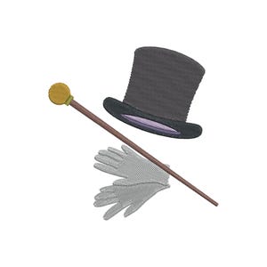 Op de afbeelding: Een geborduurd ontwerp met een hoge hoed, handschoenen en een wandelstok. De hoge hoed is donkergrijs met een zwarte rand en paarse voering. De handschoenen zijn lichtgrijs en de wandelstok heeft een gouden knop en een bruine schacht.