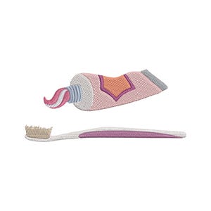 May include: An embroidered design featuring a toothbrush and a tube of toothpaste. The toothpaste tube is pink with orange and purple accents, and the toothbrush has a white handle with a purple stripe and beige bristles.
