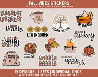 May include: A set of 15 autumn-themed sticker designs, including phrases like "Sweater Weather" and "Give Thanks", and images of pumpkins and turkeys. The stickers have a white outline and transparent set. The designs are perfect for seasonal crafts.