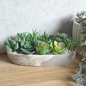 Oval Planter with Artificial Succulents | Grey and Marble