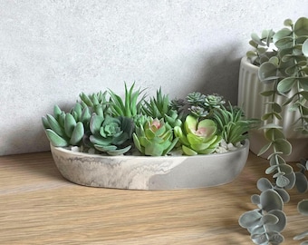 Oval Planter with Artificial Succulents | Grey and Marble