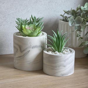Grey and White Plant Pots | Marble Effect Planter | Artificial Succulents | 2 Sizes Available