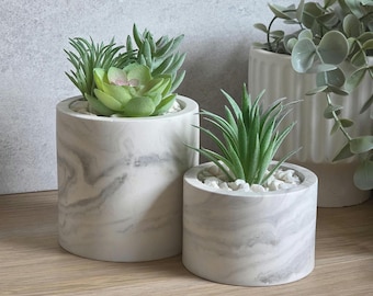 Grey and White Plant Pots | Marble Effect Planter | Artificial Succulents | 2 Sizes Available
