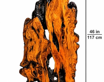 May include: A vertical piece of natural wood wall art featuring a high-contrast combination of deep black charred sections and vibrant, warm orange-toned wood grain. The piece measures 46 inches in height and 20 inches in width.