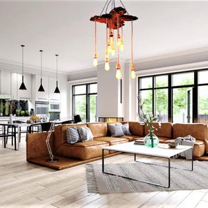 Modern Live Edge Olive Wood Light Fixture + 10 Lights,Rustic Industrial Chandelier,Pendant Light,Kitchen Island Light,Farmhouse Chandelier
