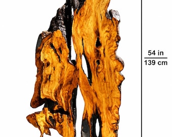 May include: A vertical piece of natural wood sculpture featuring a high-contrast finish with dark charred edges and a polished golden-brown grain. The sculpture measures 54 inches in height and 21 inches in width, displaying organic textures.