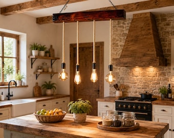 May include: A rectangular dark wood beam ceiling light fixture suspended by black chains. Four light bulbs hang from the beam on thick, natural-colored twisted rope cords. Each bulb is secured with a black socket, emitting a warm, glowing light.