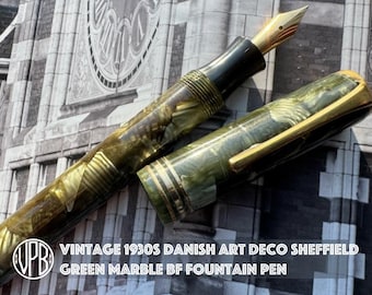 Vintage restored Danish Art Deco 1930s SHEFFIELD PEN Green Marble Fountain Pen