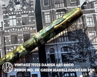 Vintage restored Danish Art Deco 1930s Oversized PENOL 8K Doric by Chr. Olsen Green Marble BF Fountain Pen