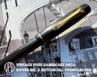 Vintage restored Danish Art Deco 1930s DOVER Jet Black Ebonite Fountain Pen with roller clip
