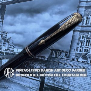 Vintage 1948 Danish Art Deco PARKER New Style Duofold D.J. Jet Black GFM Button Fill Fountain Pen image 1