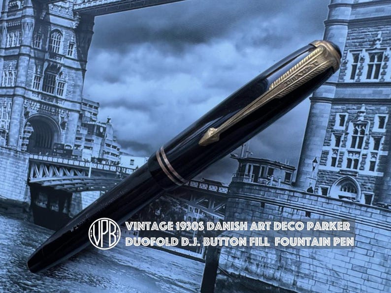 Vintage 1948 Danish Art Deco PARKER New Style Duofold D.J. Jet Black GFM Button Fill Fountain Pen image 1