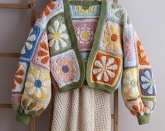 Pastel Daisy Granny Square Crochet Cardigan Pattern, Boho Flower Sweater PDF