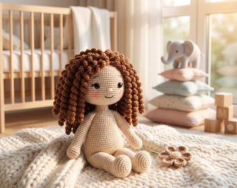Patrón de muñeca de ganchillo, amigurumi de niña en PDF, tutorial de juguete de pelo rizado, proyecto de recuerdo hecho a mano