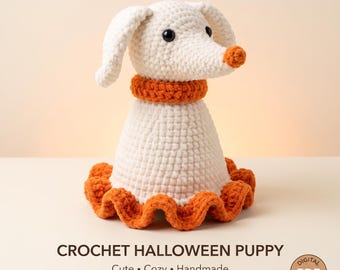 Patrón de perro de ganchillo, PDF de cachorro amigurumi, tutorial de perro fantasma de otoño, juguete de animales de Halloween