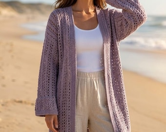 Patrón de punto para cárdigan de encaje estilo playero / Bolero largo estilo bohemio con frente abierto (Descarga digital)