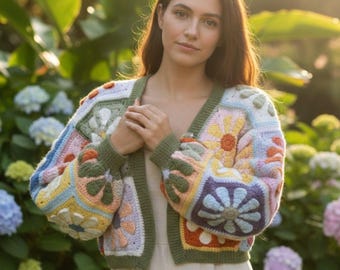 Patrón de cárdigan de ganchillo: Chaqueta estilo boho con cuadrados y margaritas (Tutorial digital en PDF)