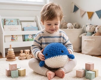Patrón de ballena a crochet, PDF de animal marino amigurumi, tutorial de juguete de ballena azul adorable, regalo hecho a mano
