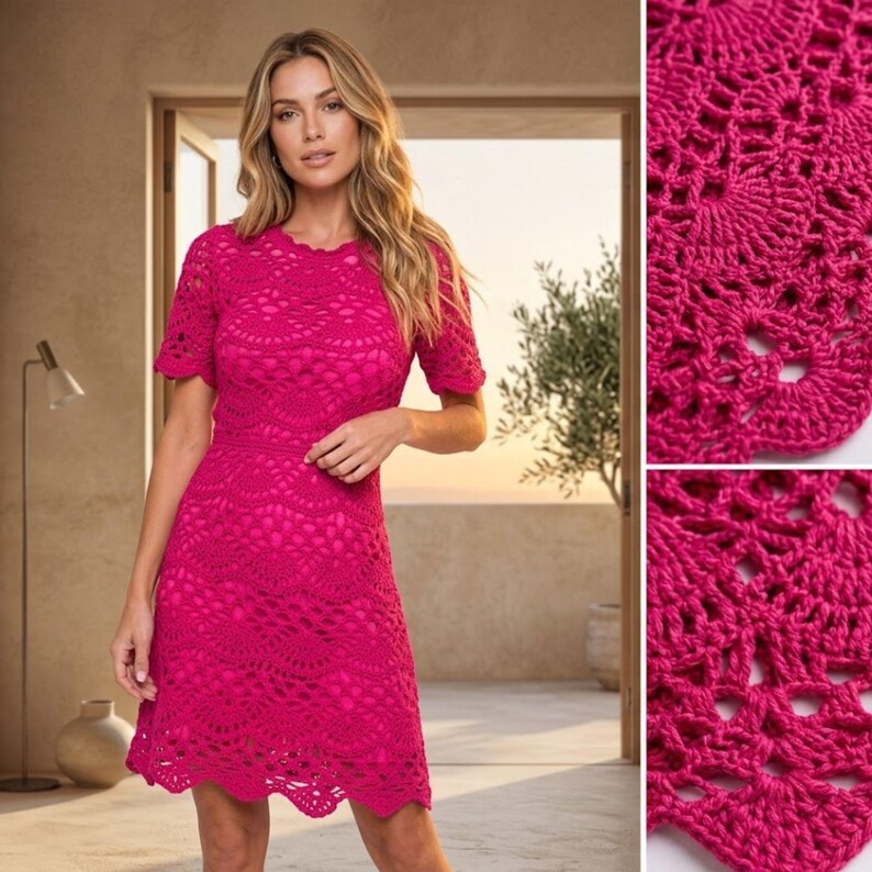 May include: A bright fuchsia crochet dress with short sleeves and a scalloped hem. The dress features an intricate openwork design, showcasing a delicate, textured pattern. The dress is knee-length and appears to be made of a soft, breathable material.
