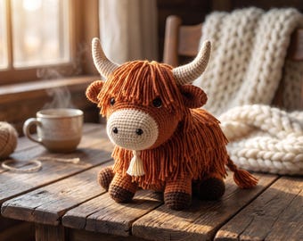 Patrón de vaca de las Tierras Altas a crochet, PDF de toro amigurumi, tutorial de juguete de animal de granja adorable, regalo hecho a mano