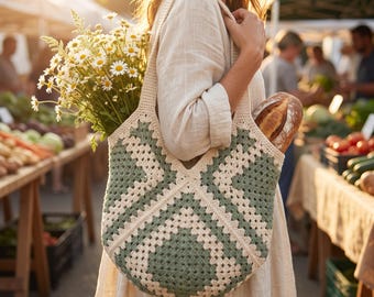 Patrón de bolso de mercado a crochet, bolso de mano cuadrado estilo abuela en PDF, tutorial de bolso ecológico, proyecto de bolso hecho a mano