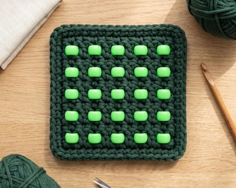 Patrón cuadrado de ganchillo con cuentas, agarradera texturizada en PDF, tutorial con motivo verde, proyecto hecho a mano