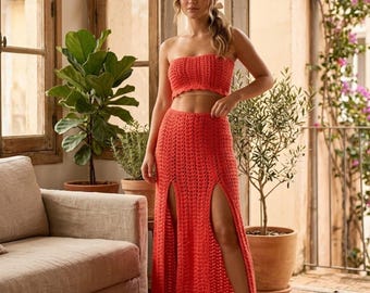 Patrón de falda larga y top corto de crochet: Conjunto bohemio playero DIY (PDF digital)