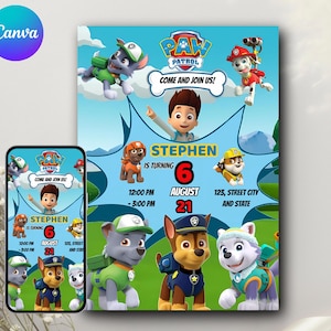 Paw Patrol Einladungskarten zum Geburtstag Bearbeitbare Canva Vorlage | Digitale Welpen-Party-Karte | Einladen zum 6.Geburtstag | Sofort Download für Kinder
