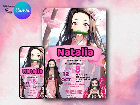 Nezuko Inspired Birthday Invitation Digital Template | Editable Canva | Demon Slayer Theme Party Invite | Anime Girl Custom Name Age |
