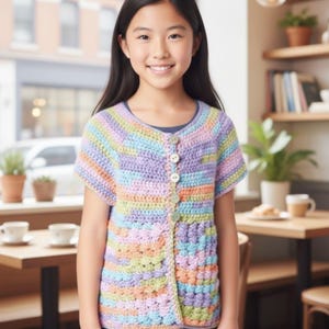 Può includere: Un cardigan all'uncinetto dai colori pastello con maniche corte e chiusura con bottoni sul davanti. Il cardigan presenta strisce orizzontali nelle tonalità di viola, blu, giallo e arancione. L'indumento è indossato sopra una maglietta blu scuro.