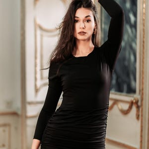 Mini Black Bodycon Dress with Long Sleeves And Ruched Detail