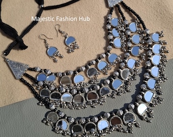 Fashionable Silver Oxidized Mirror Layered Necklace Bridal Earring Stylish Jewellery Christmas Gift