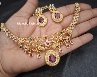 Matt Gold Finish AD Stone Kundan Necklace Earring Bridal Wedding Jewellery