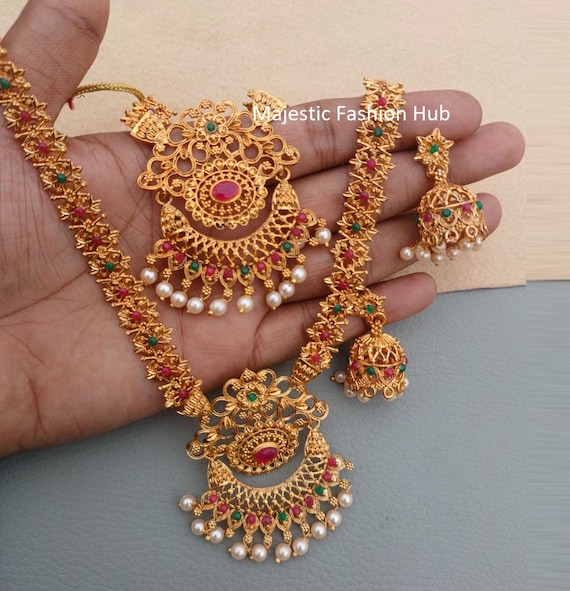 Combo Heavy South Indian Gold Plated Long Necklace With Jhumki