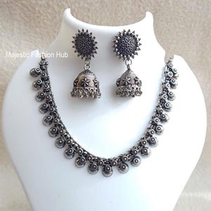 Oxidized Silver Indian Necklace With Jhumki Silver Look Stylish Jewellery Gift For Her