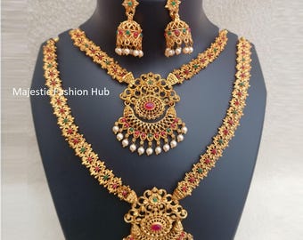 Combo Heavy South Indian Gold Plated Long Necklace With Jhumki Women Temple Indian Jewelry