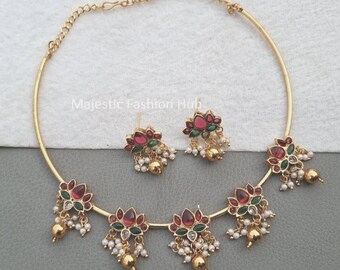 Lotus Kundan Hasli Necklace Set Multi Kundan Bollywood Jewellery