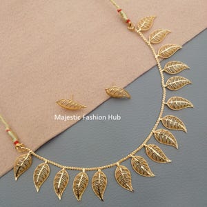 Antique Golden Leaf Design Choker Necklace Traditional South Indian Jewelry Earring