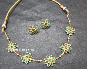 Floral Design Green Stone Gold Plated Necklace With Earring Festive Jewelry