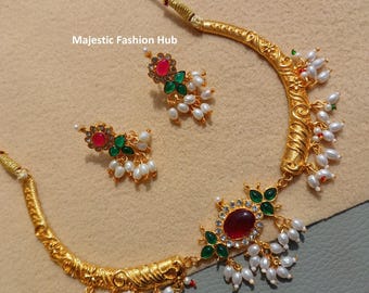 Parure collier et boucles d'oreilles kundan en perles blanches, bijoux indiens plaqués or
