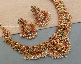 Gold Plated South Indian Choker Necklace Jhumka Earrings: Wedding Jewellery MJ39