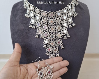 Indian Silver Oxidized Mirror  Necklace With Earring Bollywood Stylish Jewellery Gift For Her