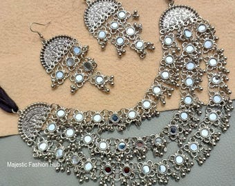 Indian Silver Oxidized Mirror Layered Necklace With Earring Bollywood Stylish Jewellery Gift For Her