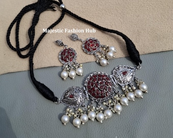 Oxidized Silver Indian Necklace With Earring Silver Look Stylish Jewellery Gift For Her