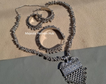 Oxidized  Ghungroo Long Silver Necklace Jhumka Indian Bracelet Traditional Look Jewellery