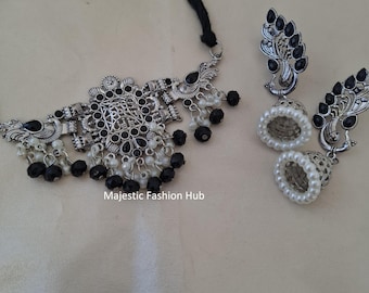 Oxidized Indian Jewellery Silver Look Alike Necklace Black Kundan Choker Bollywood Set