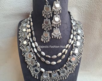 Oxidized Indian Jewelry Necklace Mirror Silver Look Antique Jewelry Set