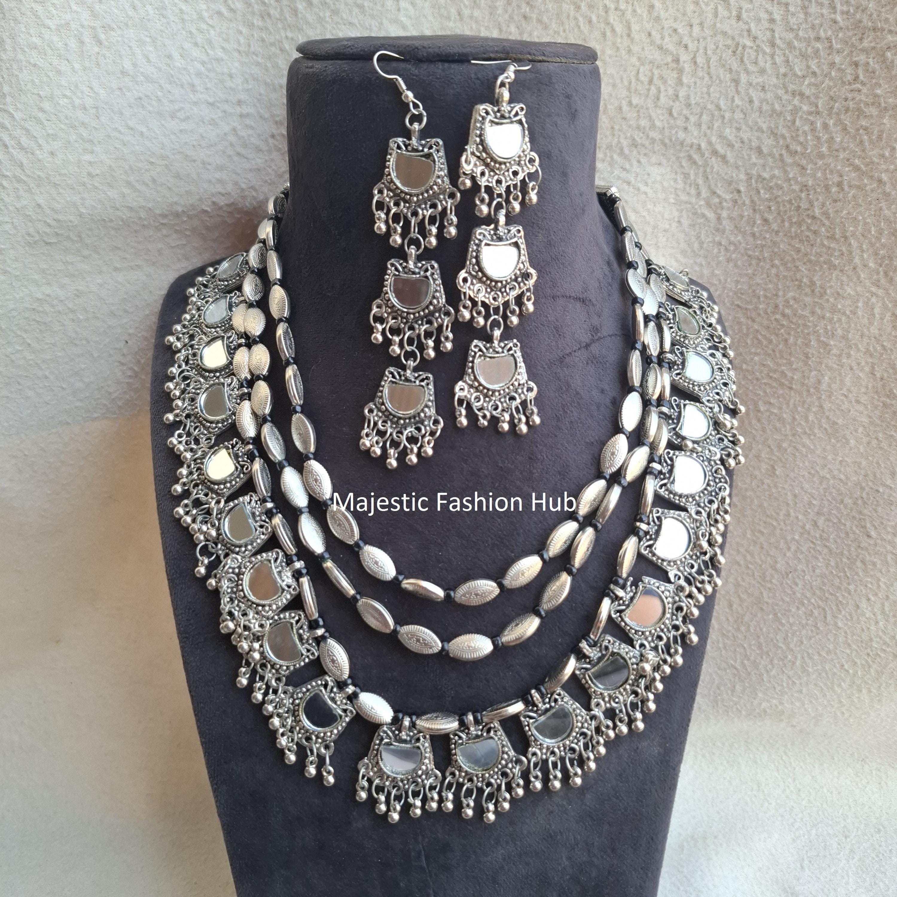 Layered Oxidized Indian Jewelry Necklace Mirror Silver Look
