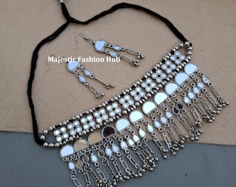 Mirrror Silver Oxidized Indian Necklace With Earring Bollywood Stylish Jewellery Gift For Her